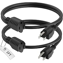 PLUGTUL 1 Foot Extension Cord Black, 2-Pack Short Power Cord, Indoor/Outdoor 16 Gauge 3 Prong Grounded Wire ETL Listed, 13A 1625W 125V SJTW