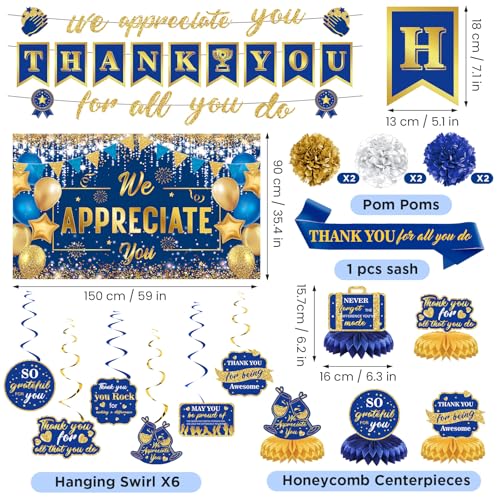 Image of We Appreciate You Decorations Blue Gold Thank You for All You Do Banner Honeycomb Centerpieces Hanging Swirls Employee Staff Appreciation Gift Pastor Teacher Doctor Retirement Appreciation Party Decor