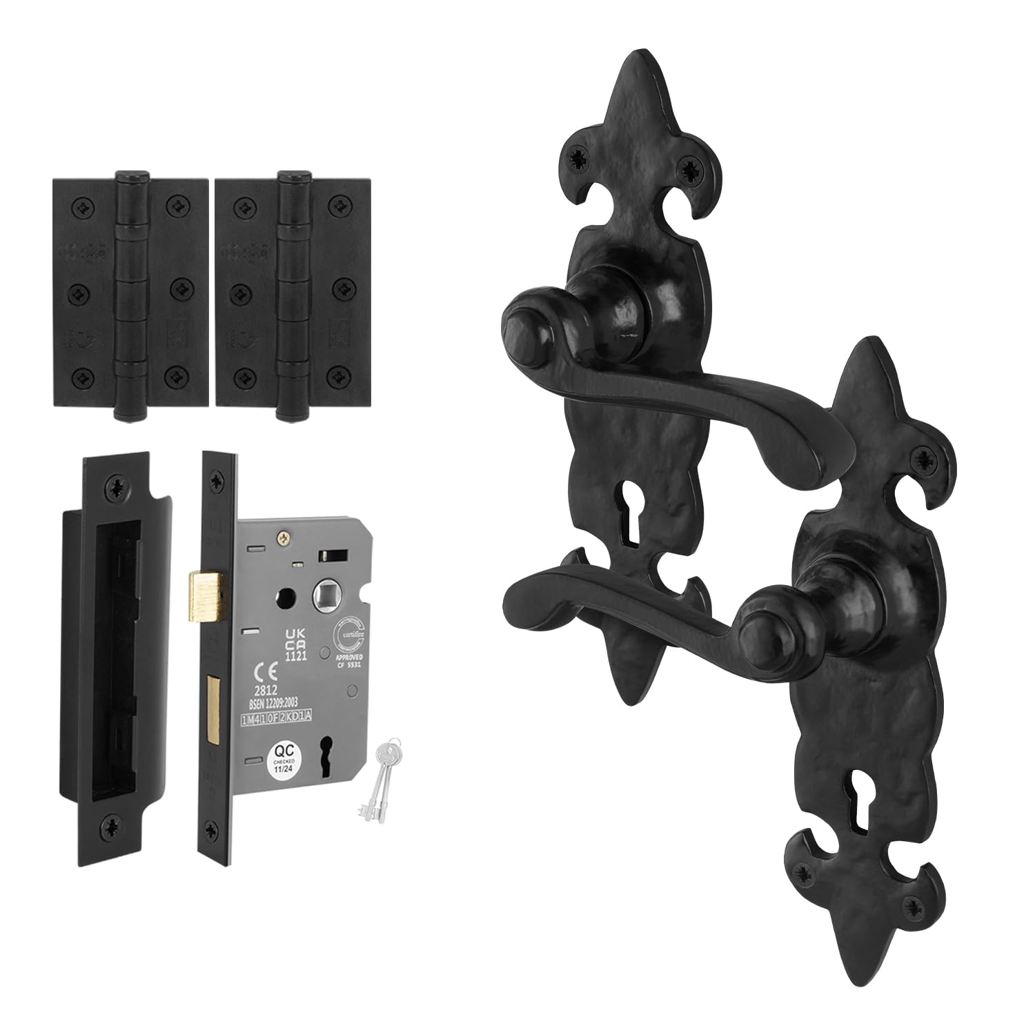 EAI Fleur De LYS Black Antique Door Handles Key Lock Kit, 1 Pair of Rustic Cast Iron Internal Handles, Lock 64mm and Hinges — image 1