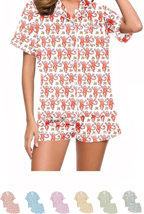 ENVGSOMP Womens Pajamas Set 2 Piece, Monkey Pyjama Pjs Girls Dress Nightgown Cute Animals Nightwear Lounge Y2k Sleepwear (red,XX-Large) — image 1