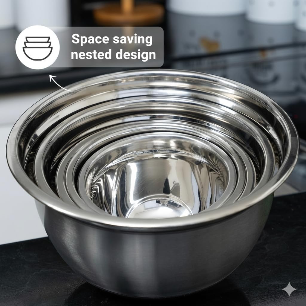 WHYSKO Stainless Steel Mixing Bowls with Lids Set - 5 Rustproof Metal Nesting Mixing Bowls Set for Kitchen, Meal Prep, Baking, Cooking, Storage, Dishwasher Safe - .75, 1, 1.5, 3 and 5 qt bowls - Image 3