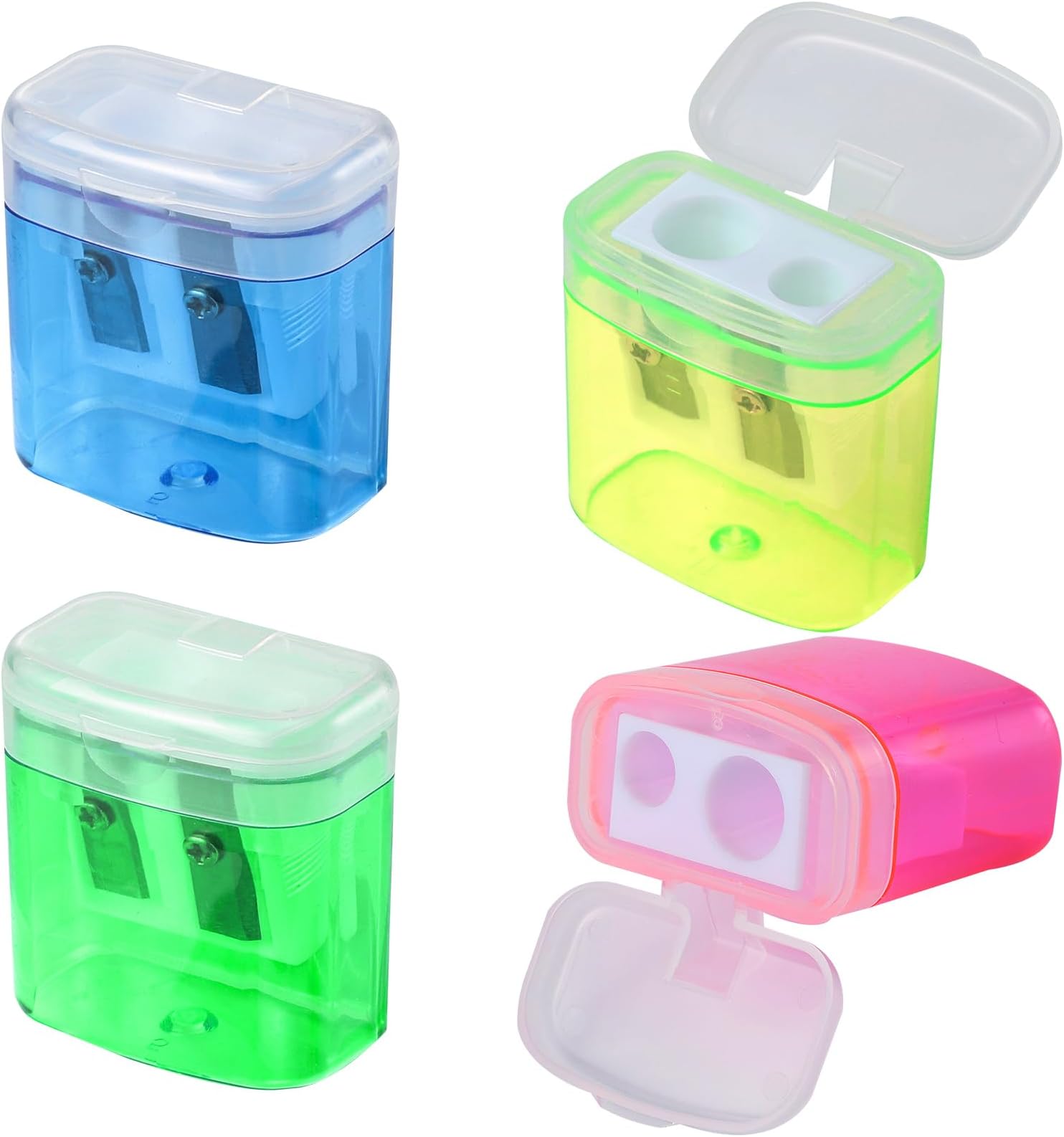 4 Pcs Pencil Sharpeners, Dual Hole Manual with Cover, Multicolor | Stainless Steel Blades, Shavings Box, 2 Sizes For Pencils And Crayons, Compact For School, Home And Office