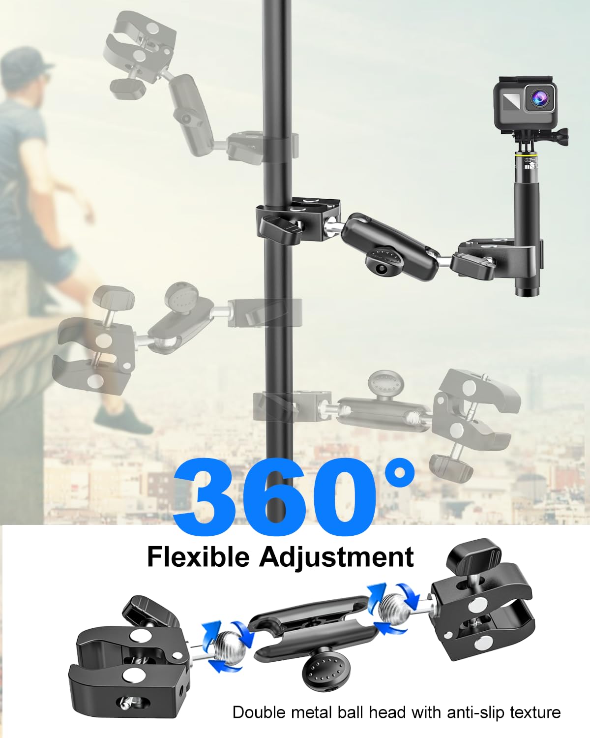 Supporto a doppio morsetto con interfaccia a vite da 1/4" [completamente in metallo] morsetto per ombrello regolabile a 360° per supporto luce studio fotografico, asta, barre trasversali