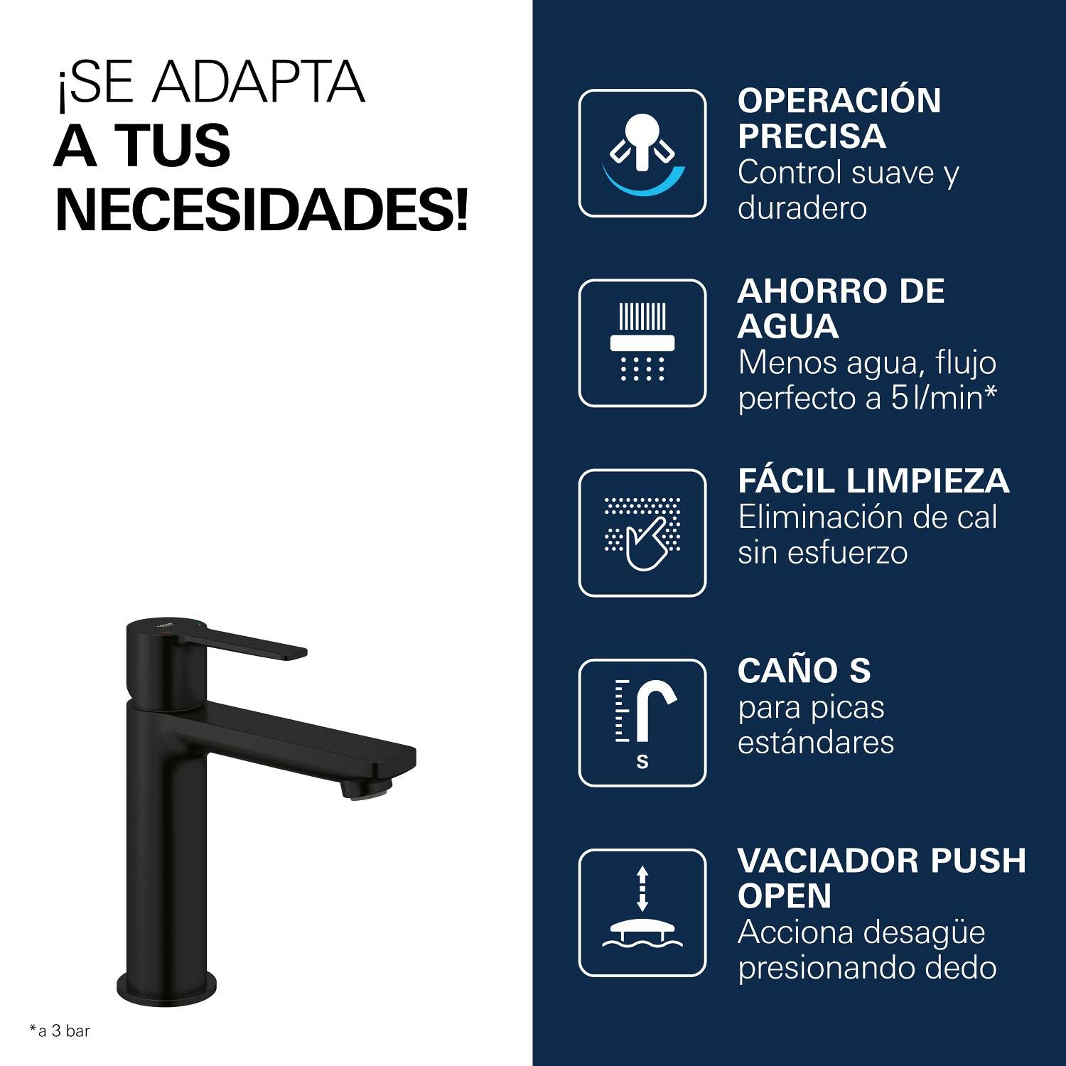 GROHE Lineare – Grifo Monomando de Lavabo de Cuerpo Liso con Vaciado Push-Open (Caño Alto, Cartucho Cerámico 28 mm, Ahorro de Agua, Flexibles 3/8"), Tamaño 18 cm, Negro Mate, 231062431