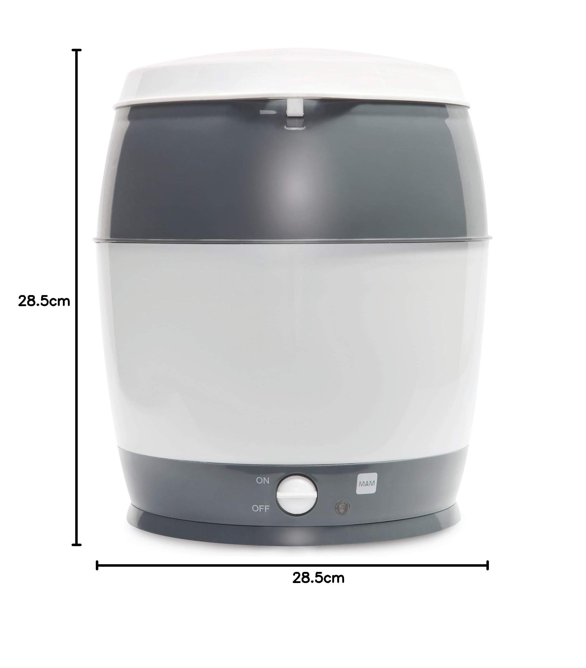 MAM Sterilisator, elektrischer Dampfsterilisator für Babyflaschen, Sauger & Zubehör, zuverlässiger Vaporisator inkl. Oberkorb und Zange, grau