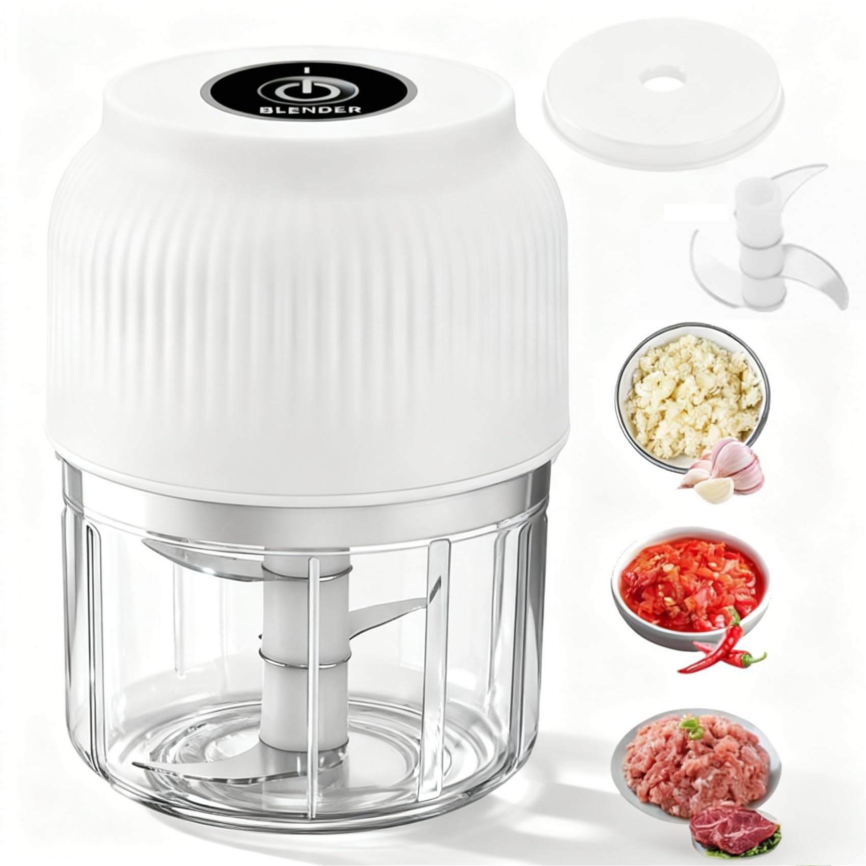 Household Electric Garlic Crusher and Chopper, 350ml Garlic Mincer Electric with Lid, 6 Blades Mini Food Shredder for Garlic, Onion, Ginger, Chili, Spices and Fruit (3 blades white)