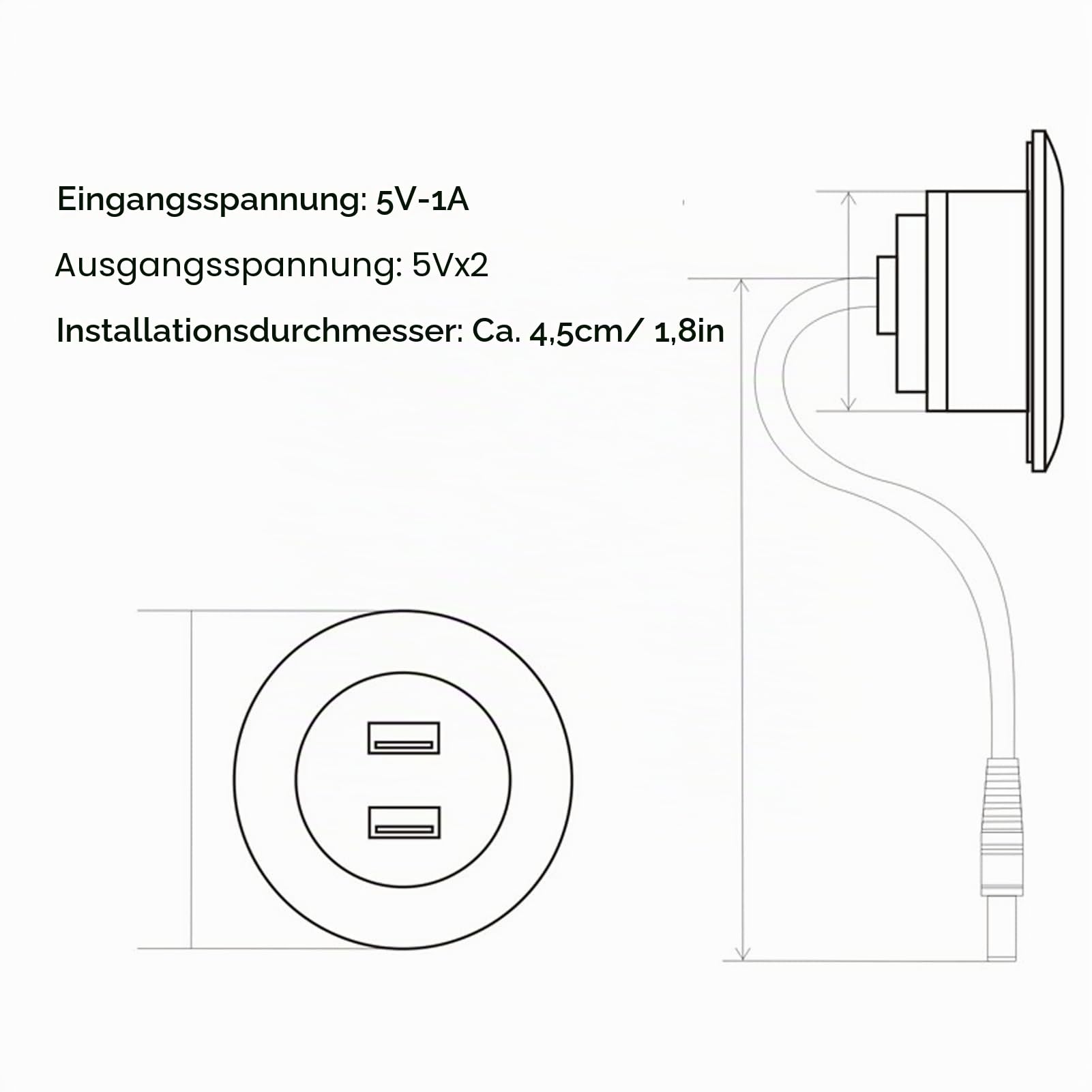 Septpenta Sofa Dual USB Ladebuchse, Einbau Power Hub, ABS Material, 2,5 M Langes Kabel, Geeignet für Den Heim und Bürogebrauch(Schwarz)