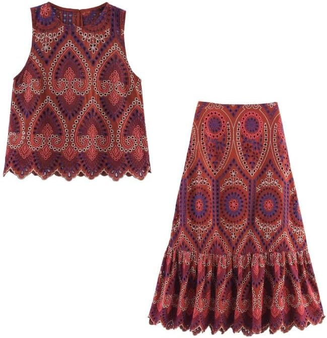 Women's Boho Embroidery 2 Piece Set, Sleeveless Top and Ruffle Hem Midi Skirt Matching Set