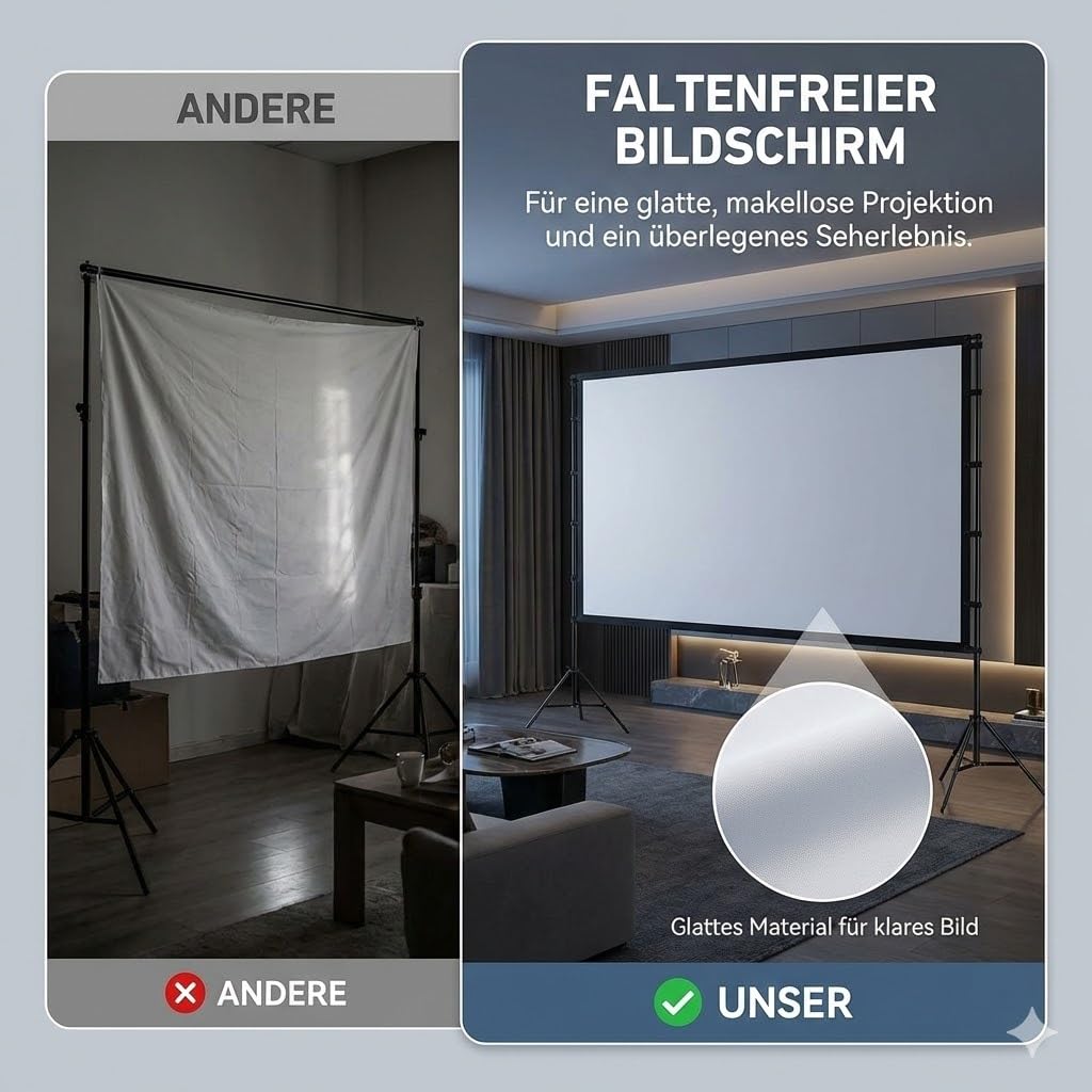 Leinwand Beamer mit Ständer 120 Zoll, Doppelstützen für mehr Stabilität, Schnell & Einfach Aufgebaut, Tragbar, Knitterarm, Beamer Leinwand für Outdoor und Garten, Growzelt