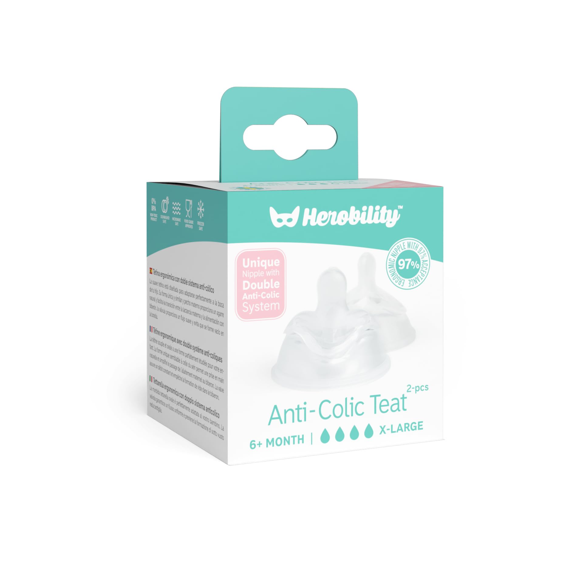 Herobility Capezzoli doppi in silicone anti-coliche, tettarelle per biberon, capezzoli a forma di seno, adatti per biberon Herobility e biberon ecologici, confezione da 2 (misura extra large)
