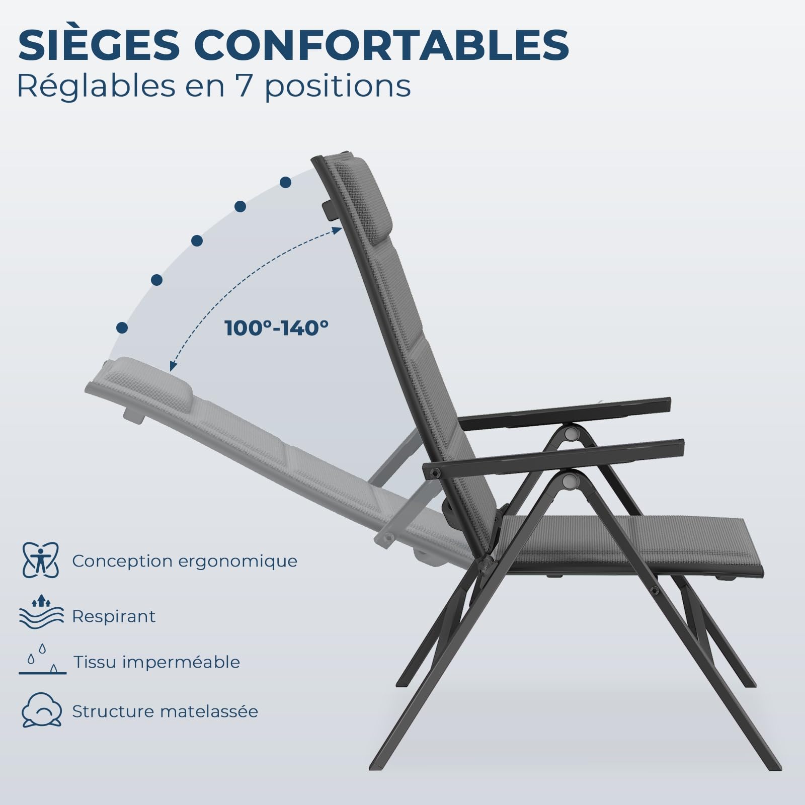 Devoko Salon de Jardin Exterieur 7 Pièces, Composé 1 Table en Aluminium et 6 Chaises Pliantes, Table de Jardin Extensible (80/160 cm), Imperméable Table de Jardin Exterieur avec Chaise, Gris