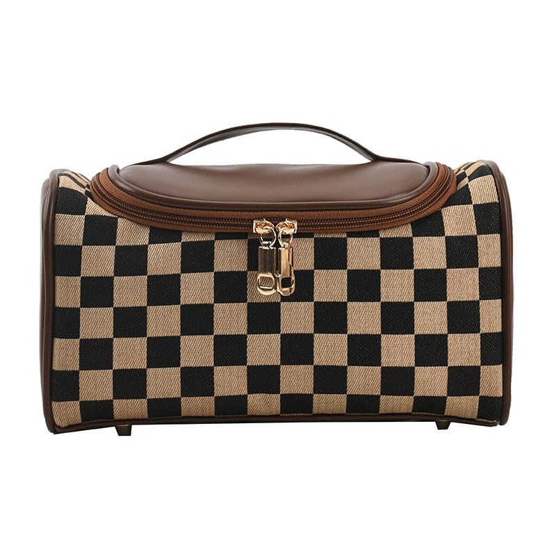 NovEnyStylish Checkered Commuter Cosmetic Bag - XL Capacity, Chessboard Design Makeup Bag with Maillard Accents, Fashionable and Functional (Brown)