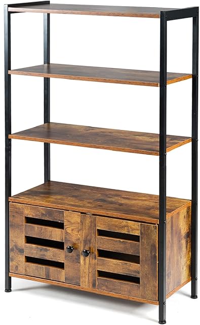 Multigot Industrial Bookcase, Floor Standing Storage Bookshelf with 4 Opening Shelf and 2 Doors, Wooden Display Organizer Unit for Living Room Study Office