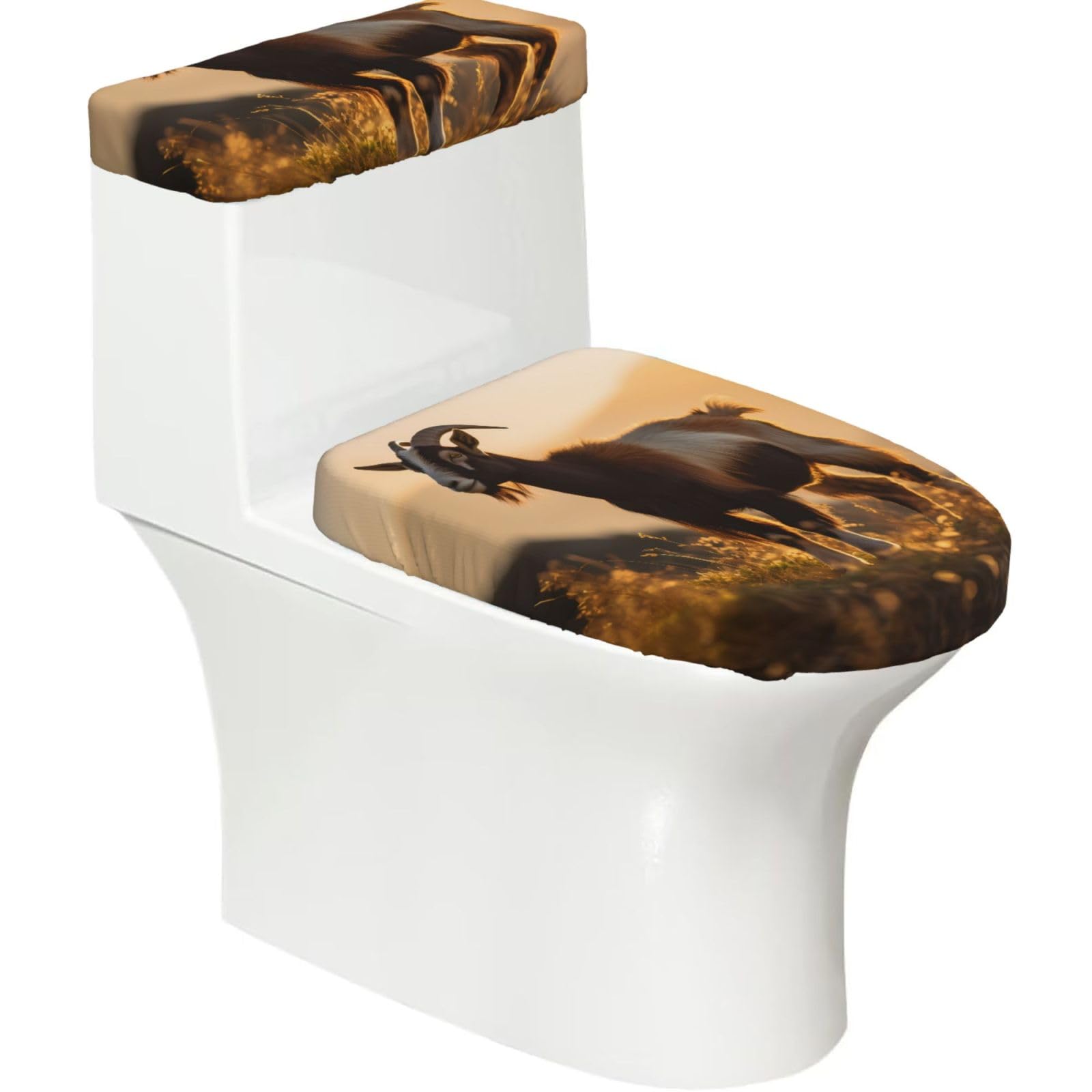 Goats 2-Piece Toilet Seat Cover Set with Tank Lid - Elastic for U-Shape & Elongated - Bathroom Decor