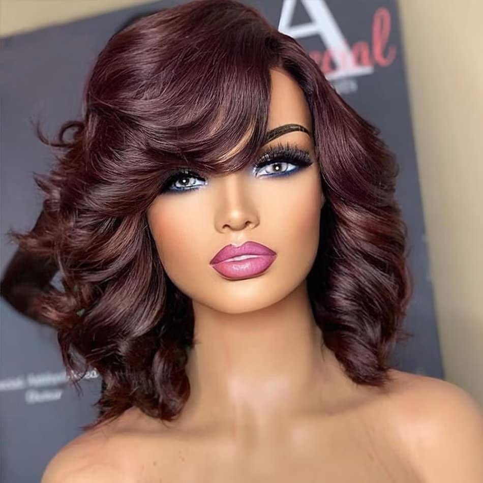 Miniatura 3 de Pelucas de cabello humano ondulado corto con encaje frontal, pelucas de cabello humano ondulado color burdeos de 13 x 4 con encaje de cristal HD