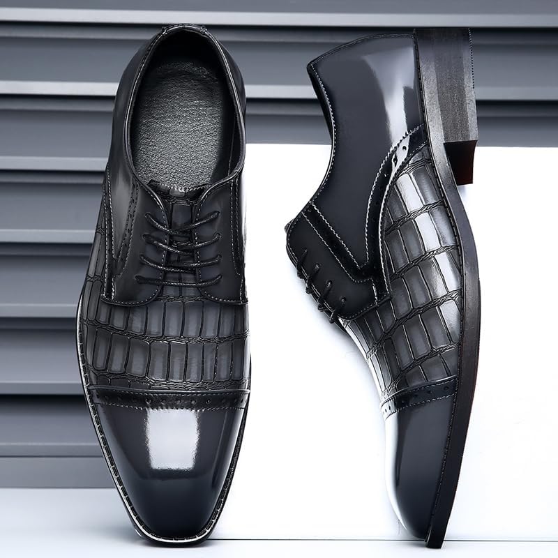 Men's Dress Shoes Crocodile Print Oxford Shoes for Men Square Cap Toe Business Casual Formal Derby Shoes