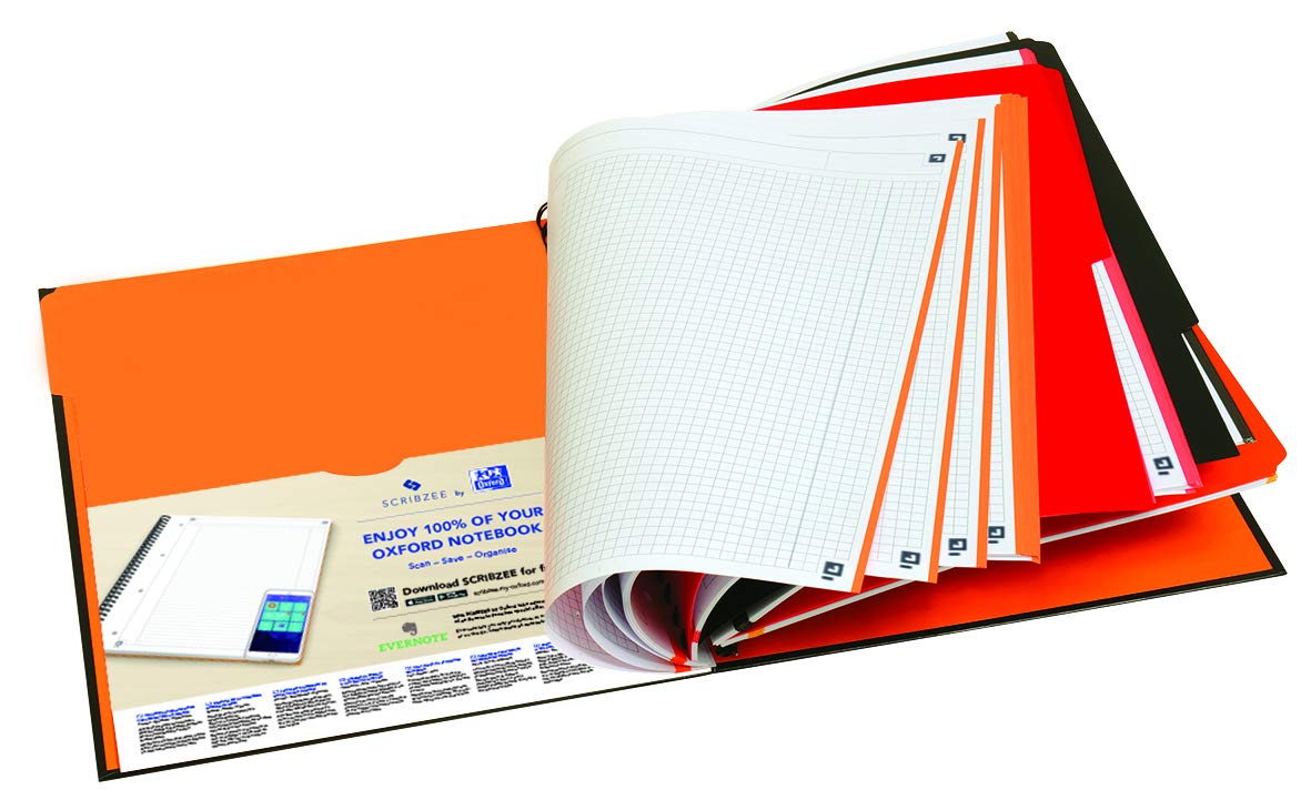 Oxford Notatnik A4 Filingbook "International" w kratkę, 200 stron, 3 przekładane zakładki, 5 sztuk