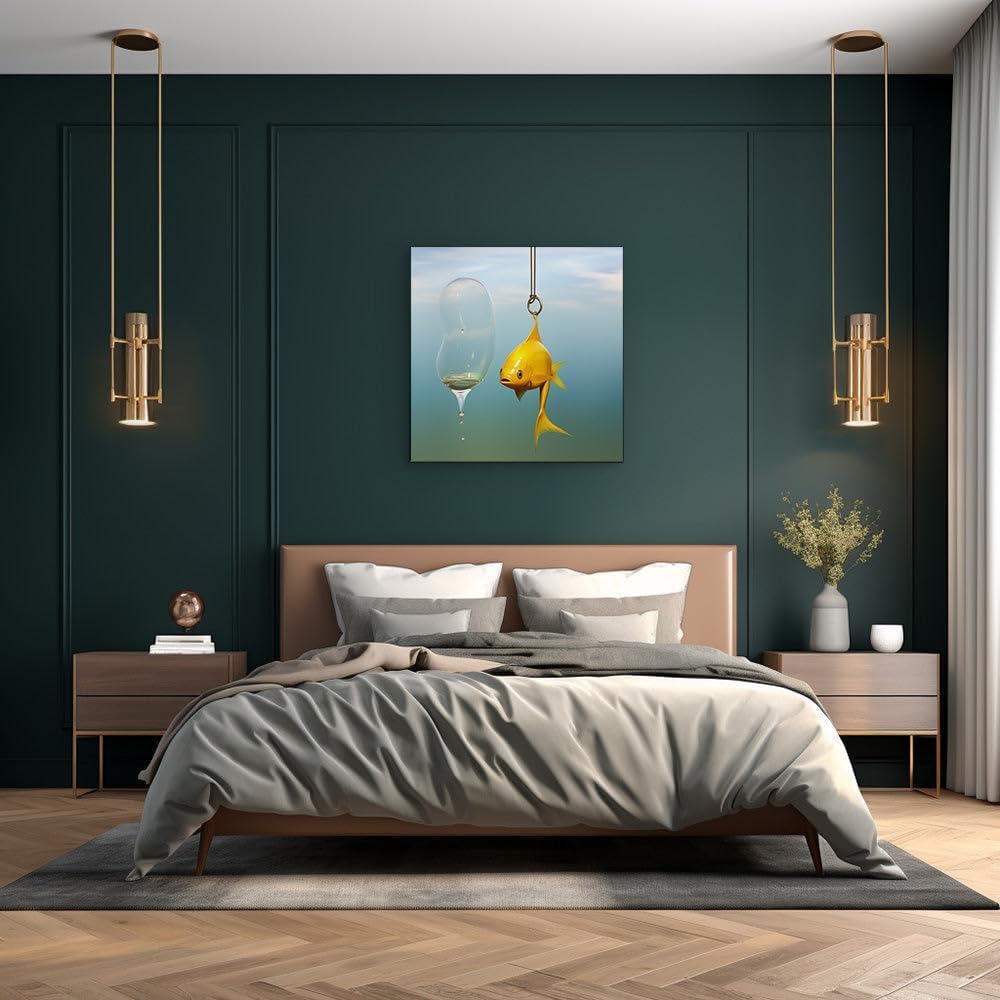 Canvas for Living room. Golden Dreams on the Line: A Surreal Encounter with the Fish of Fancy, 27 x 18 inch Canvas Wall Art - Ready to Hang - 69x46 cm (27x18 inch)
