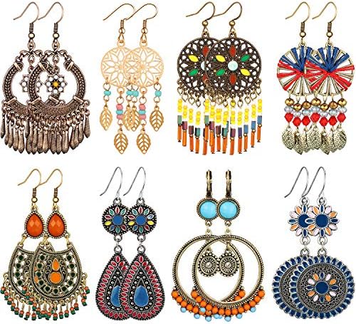 8 Pairs Bohemian Earrings for Women Dangle Earrings Retro Metal Hollow Earrings Boho Hoop Earrings Set (Vibrant Style)