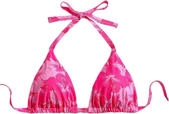 Milumia Womens Plus Size Floral Triangle Bikini Top Tie Backless Halter Swimsuit Tops Swimwear
