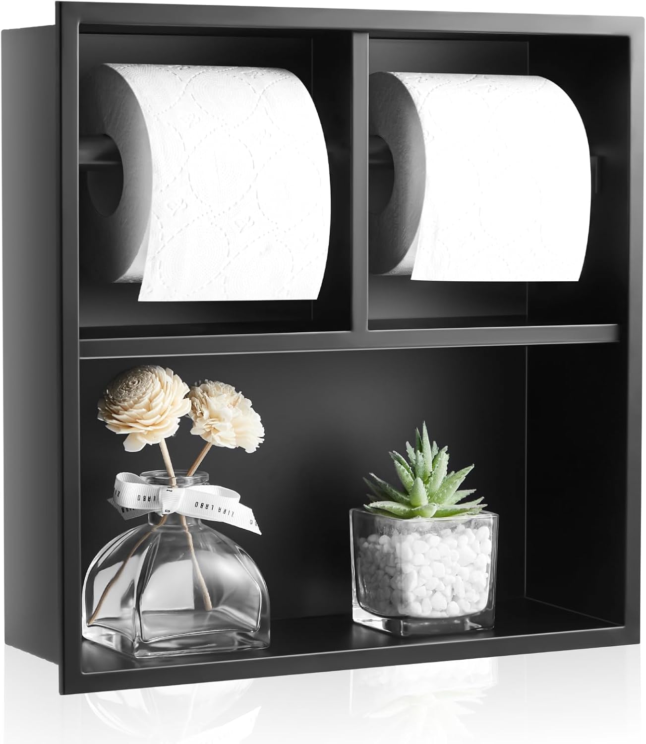 Maxdot Recessed Dual Toilet Roll Holder, Matte Black in Wall Toilet Paper Holder with Storage, Bathroom Wall Niche Shelf, 304 Stainless Steel, Brushed Nickel