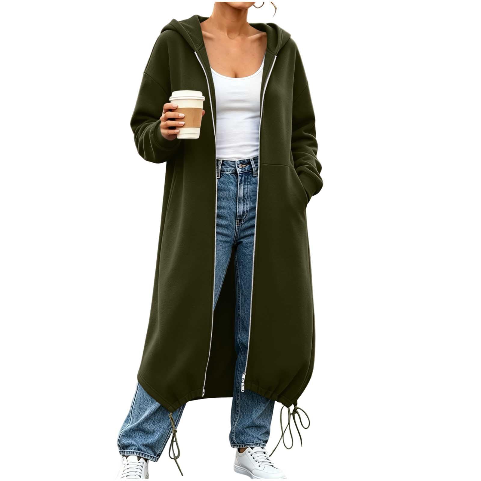 Sweatjacke Damen Lang,Langarm Hoodie Jacke Kapuzenjacke mit Kordelzug Taillen Reißverschluss Sweatshirt Jacke Leichte Pulli Sweatjacke Sweatshirts Kapuzenpullover Streetwear Strickjacke mit Taschen
