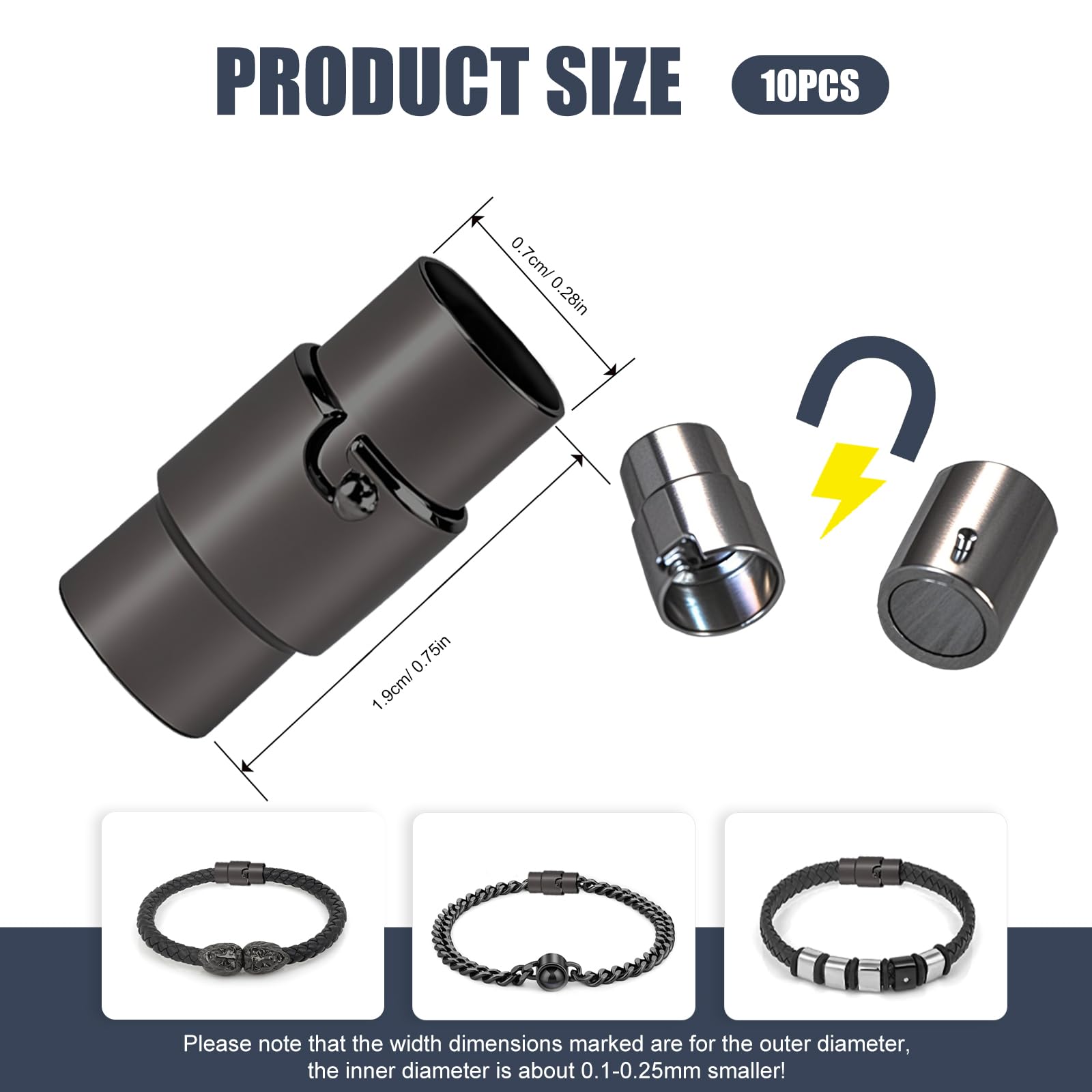 10 Pezzi Chiusure per Braccialetti Magnetiche, Chiusure per Collane Corde Chiusure Braccialetti, Gancetti per Braccialetti in Pelle per Cavigliere Gioielli Artigianato Fai Da Te (Nero,7mm)
