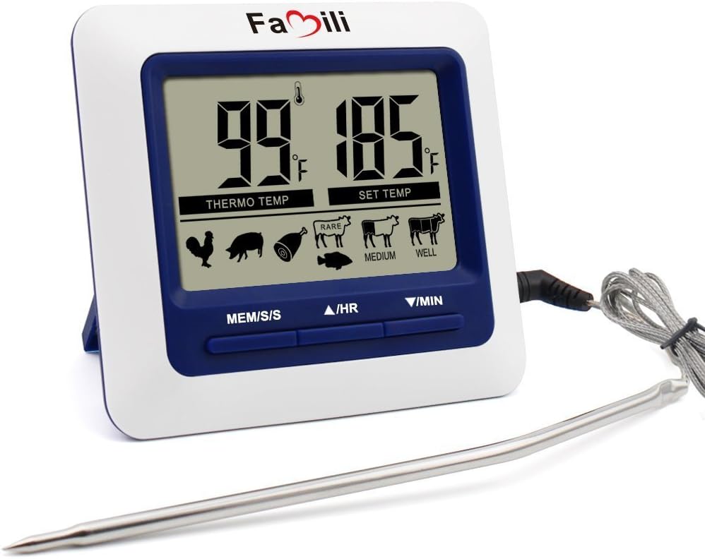 Famili MT004 Digital Meat Food Cooking Thermometer Kitchen Thermometer with Countdown Timer Alarm, Stainless Steel Probe on Braided Steel Cable for Oven, Grill, Smoker or BBQ