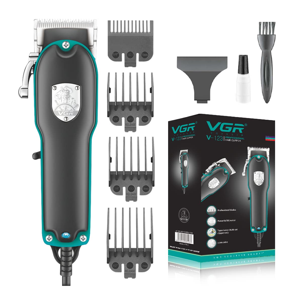 VGR V-123 Professional Hair Clipper with Powerful DC Motor, Stainless steel blades, 4 Guide Combs, 2m Cable, Blue LED Indicator, Taper Lever Adjustments for close cut trimming for men, Corded (Black)