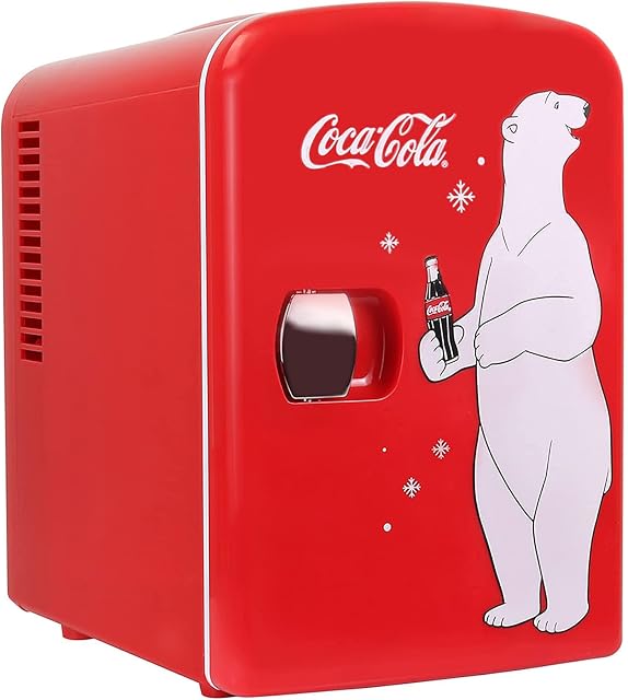 Coca-Cola 4L 6 Can Portable Mini Fridge, Cooler/Warmer, Compact Personal Refrigerator for Snacks Drinks Skincare,12V and AC Cords,Accessory for Kids Bedroom Home Office Travel Car,Coke,Red,Polar Bear