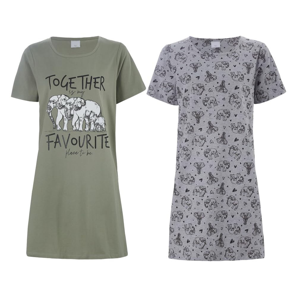 i-Smalls Ladies 100% Cotton Graphic Slogan Nightdress Short Sleeve Breathable & Lightweight Nighties - Pack of 2 (Together) M