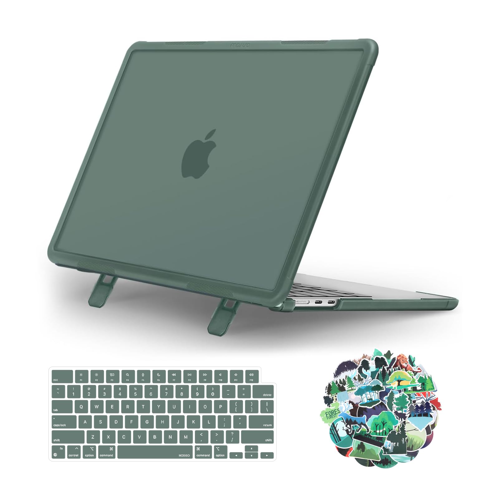 MOSISO Compatible with MacBook Air 13 inch Case 2025-2022 M4 A3240 M3 A3113 M2 A2681, Heavy Duty Shockproof Hard Case with Fold Kickstand&Keyboard Cover&Decals for MacBook Air 13.6, Emerald Green