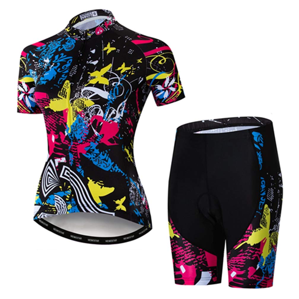 WeimoMonkey Women's Short Sleeve Cycling Jersey Quick Dry MTB Clothing Bike Top + 3D Shorts Set Multicolor L