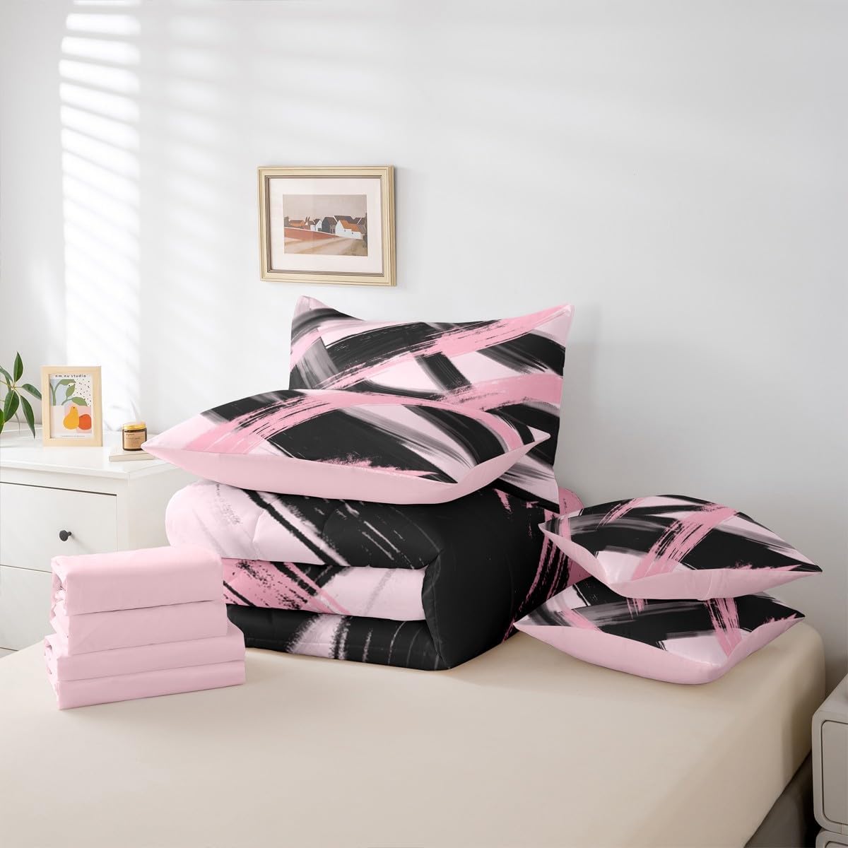 Feelyou Black Pink Comforter Set with Sheets Queen Size Abstract Geometric 7 Pieces Bedding Set for Boys Girls Modern Minimalist Bed in a Bag Microfiber