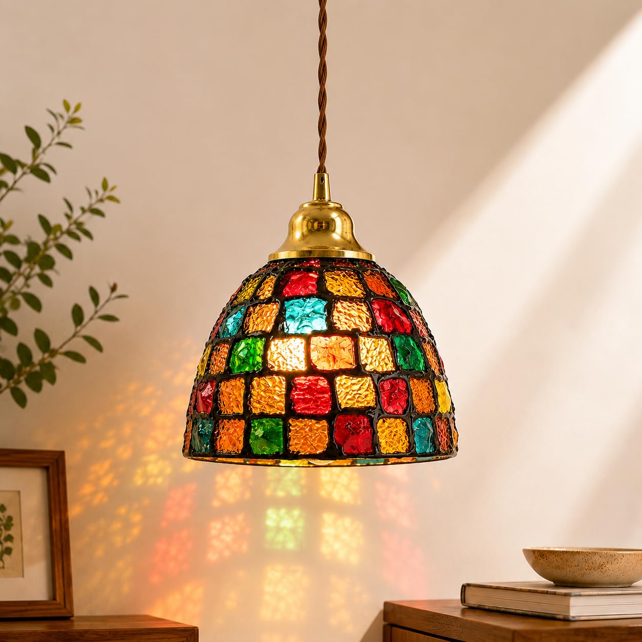 Chrasy Retro Mosaic Glass Pendant Light, Handmade Colorful Glass Mini Pendant Lamp, E26/E27 Hardwired Ceiling Light Fixture for Kitchen Island Dining Room Bedroom Cafe