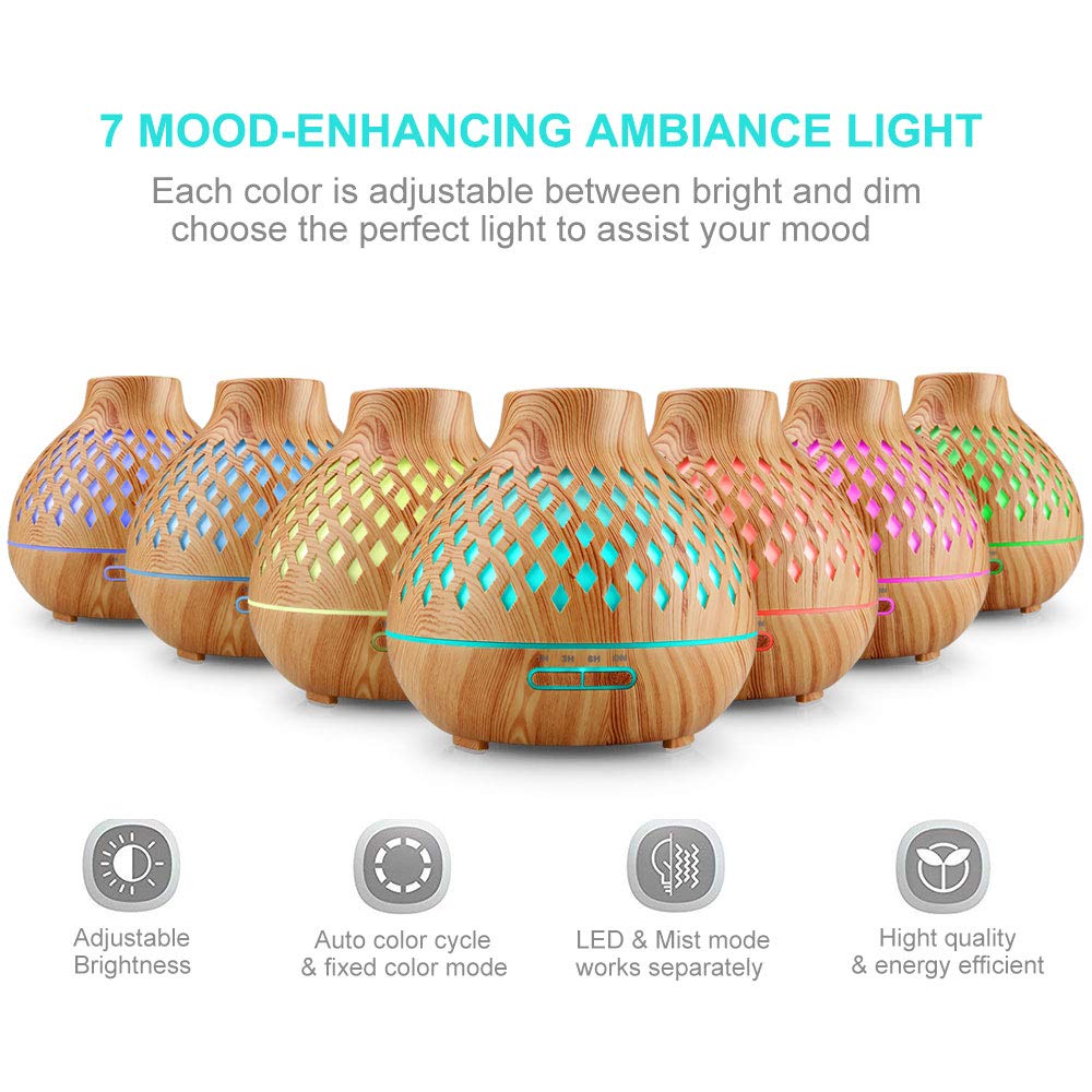 Aroma Diffuser 400ML, Ultraschall Aromatherapie Diffusor, Luftbefeuchter mit Fernbedienung, Automatische Abschaltung bei Wasserlosem Zustand mit 7 Arten LED Lichtfarben für Zuhause Büro Yoga