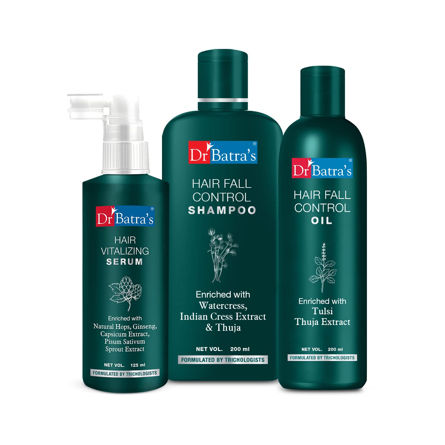 Dr Batra's Hair Vitalizing Serum 125 ml, Hairfall Control Shampoo- 200 ml and Hair Fall Control Oil- 200 ml, Combo kit, Enriched with Thuja & Henna