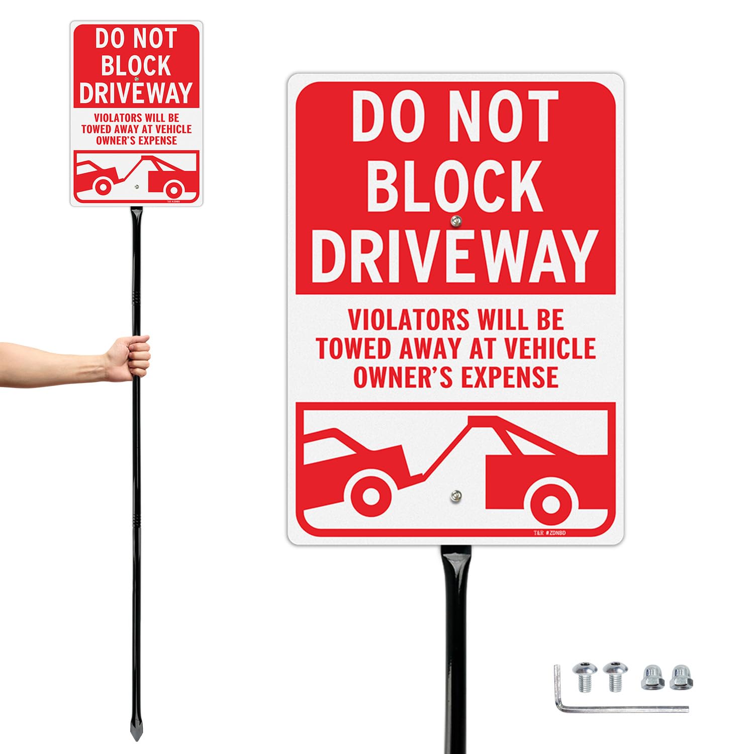 Photo 1 of T&R Large Do Not Block Driveway Signs Violators Will Be Towed with 54" Stake - 14"x10" .040 Rust Free Aluminum, Reflective, Waterproof and Fade Resistant, 2 pre-drilled holes, Includes Matching Screws & Wrench, Easy to Mount