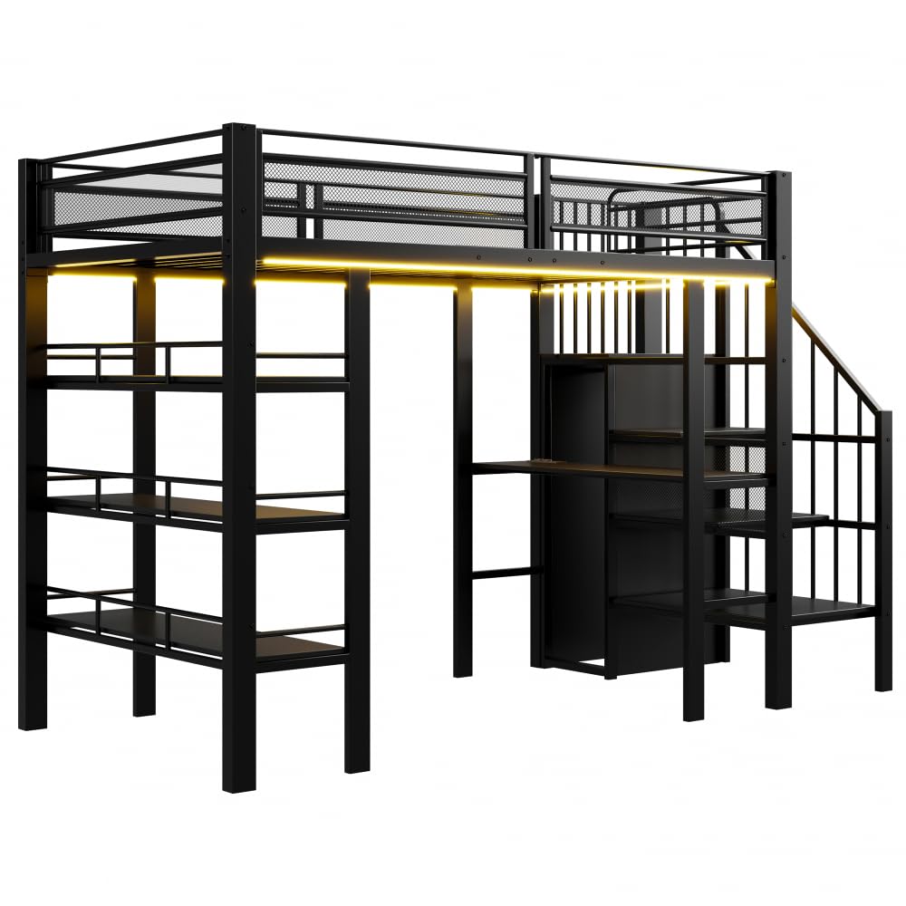 Cama alta de 90 x 200 cm con tira luminosa LED y toma de corriente, cama de hierro forjado con compartimento de almacenamiento y librería, cama individual de metal multifuncional, sin colchón