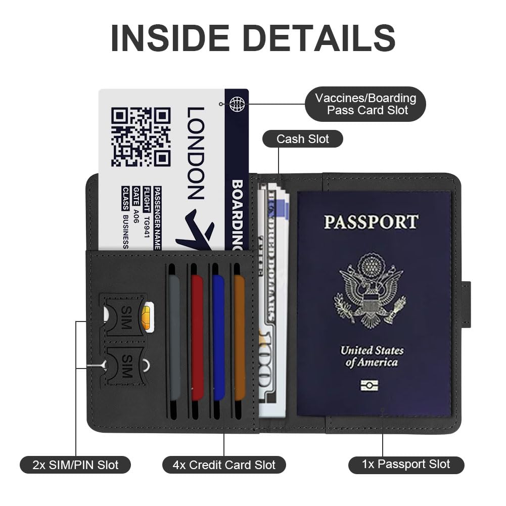 OFFCUP Passport Case, RFID Blocking Passport Sleeves, Passport Cover with Label PU Leather Suitcase for ID Cards Credit Cards, Passport Pass, Black - 5