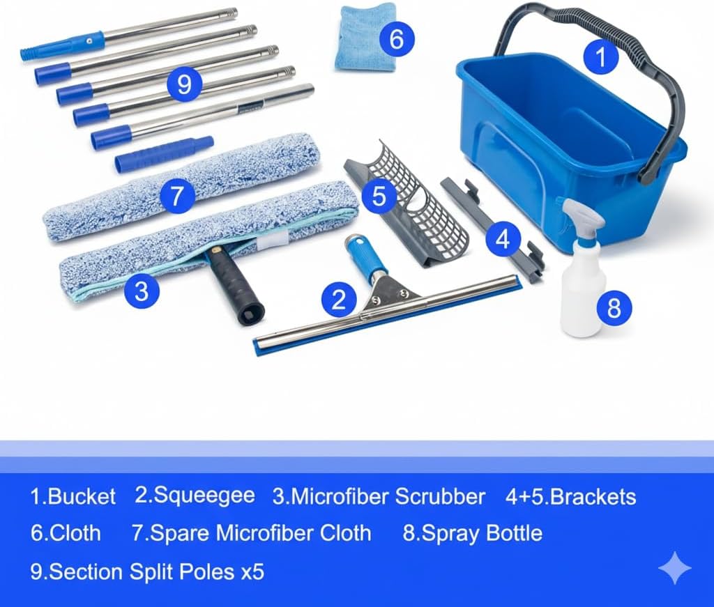 Window Cleaning Kit with 6ft Long Handle, 3 Gallon Bucket,14" Squeegee,15" Microfiber Scrubber,Spray Bottle, Cloth,Professional Window Washing Equipment Cleaner Tool for Outdoor Commercial Household