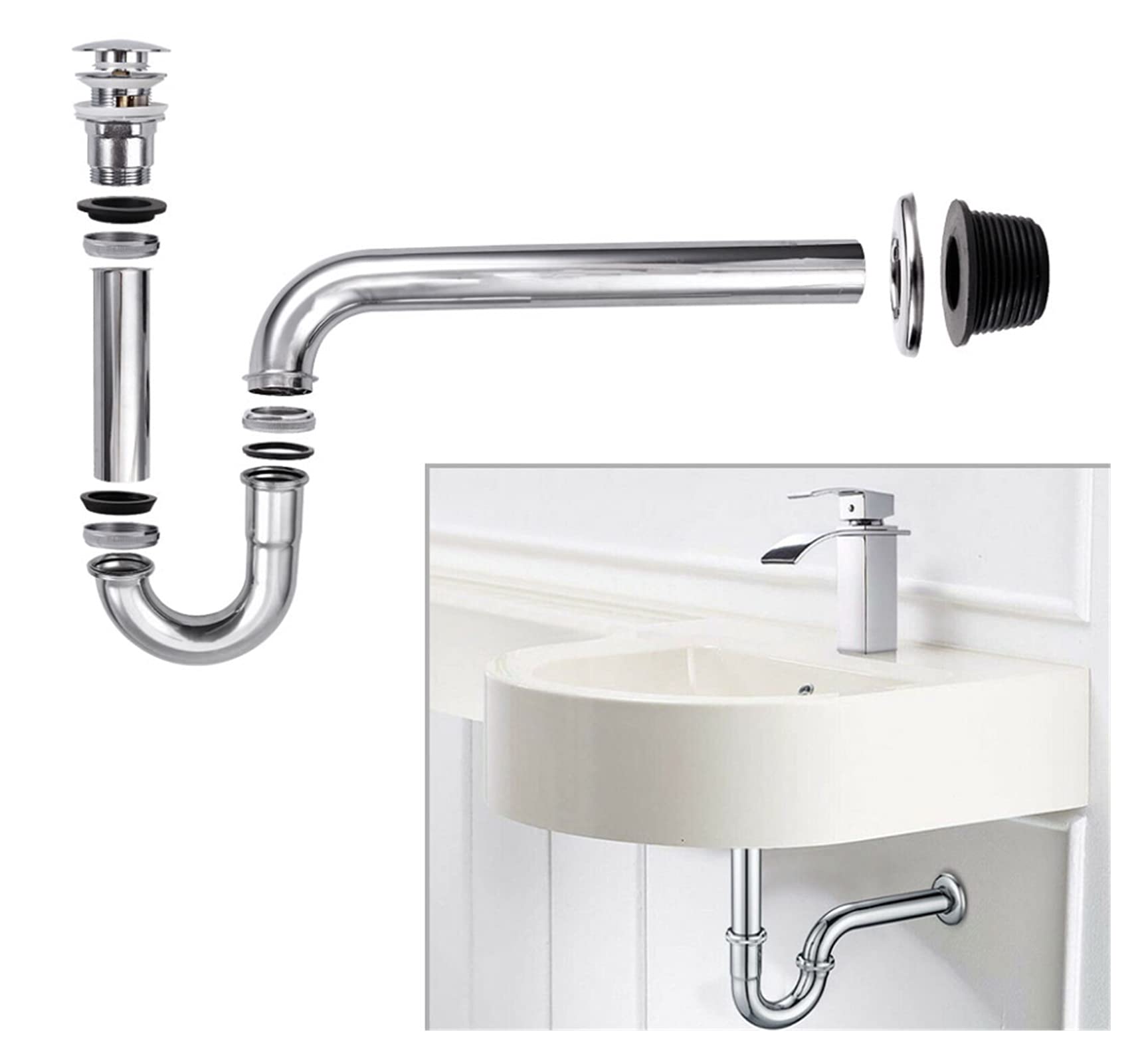 Siphon Ppop-up Ddrain Valve Vidange avec Kit De Débordement pour 42-46mm Fit pour Tous Les Éviers Communs 201 en Acier Inoxydable Exquis