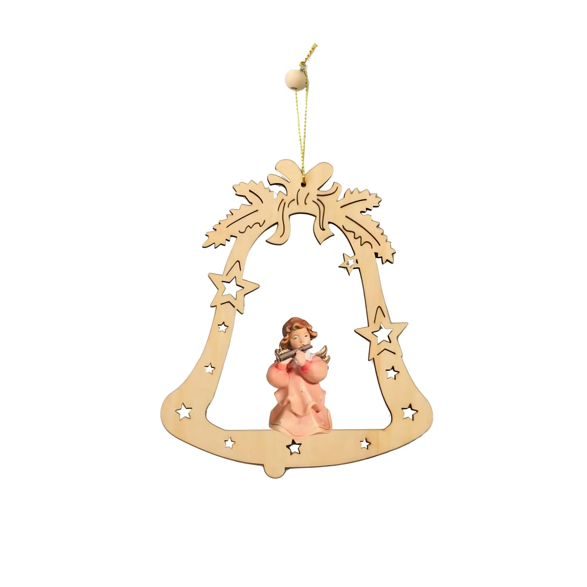 Dolfi | Bell with Wooden Angel 15 cm | Hand Painted Wood in Val Gardena | Religious Article