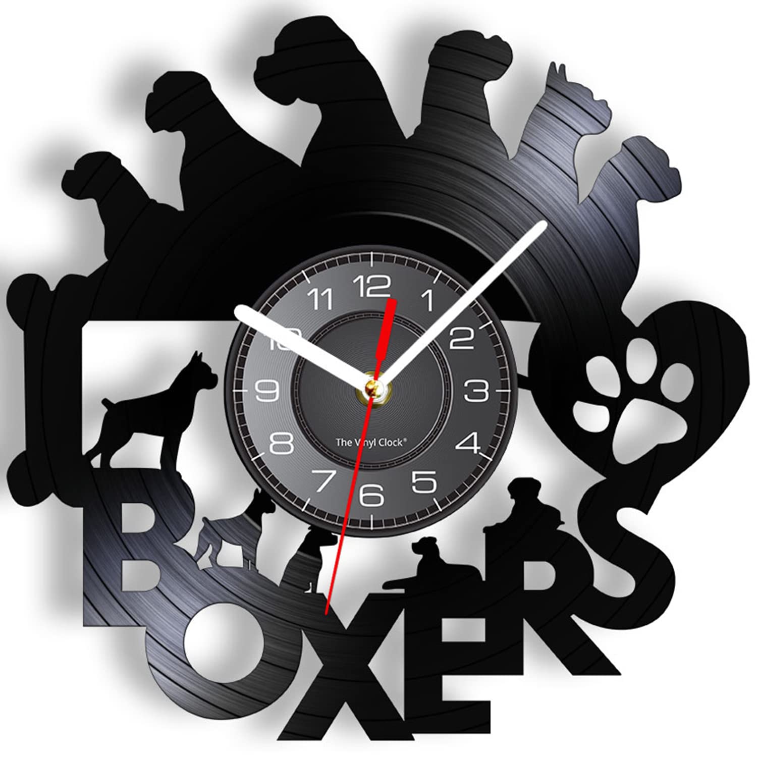 Timethink I Love Boxes Dog Silhouette Laser Cut Vinyl Record Wall Clock, Boxer Dog Breed Wall Art Vintage 12