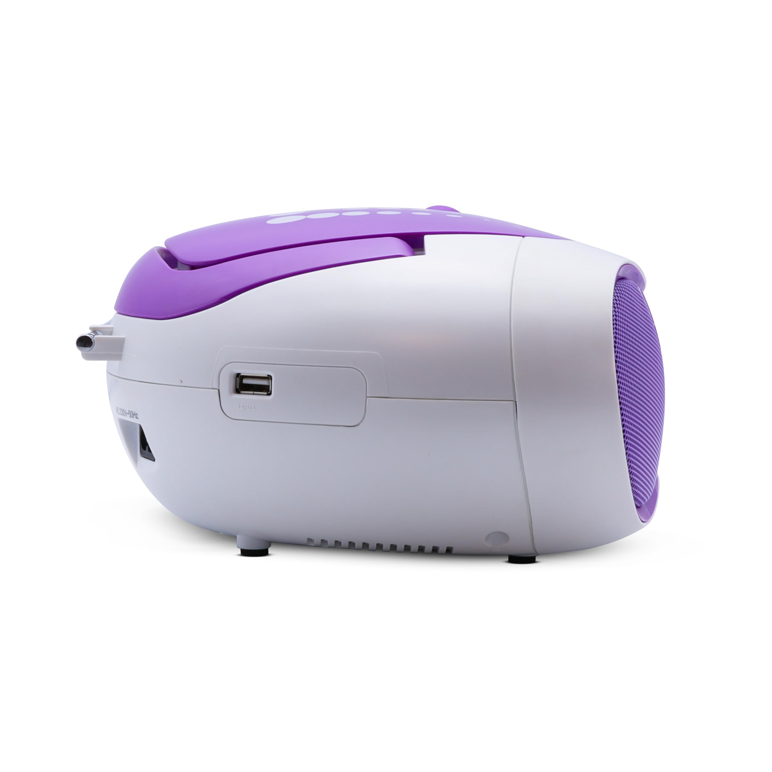 MOOOV 477404 Tragbarer CD-Player mit Radio, USB, Lautsprecher - Mini Kofferradio für Kinder & Senioren, Retro Design, MP3 - Ideal für Küche & Kinderzimmer - Netzbetrieb oder Batterien - Lila
