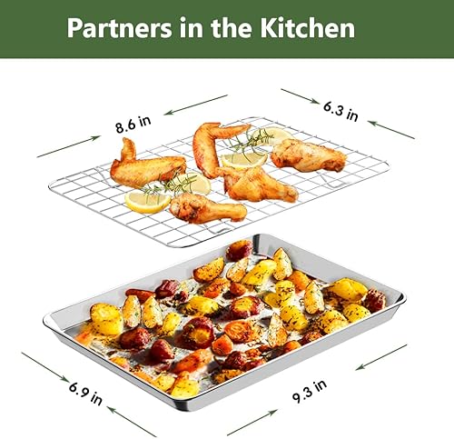 Miniatura 3 de ROTTAY Juego de bandejas para hornear pequeñas con rejilla de alambre [2 bandejas + 2 rejillas], hojas de galletas de acero inoxidable de 1/8