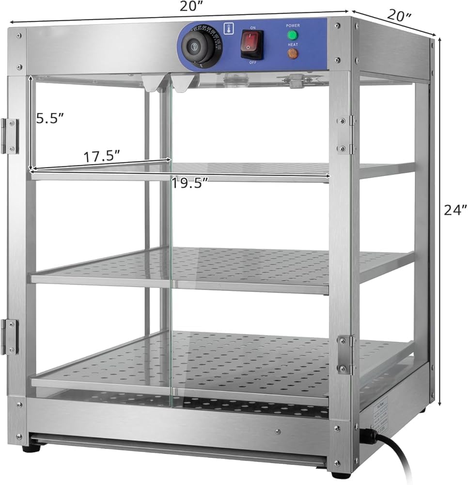 Vetrina riscaldante commerciale in acciaio inox per torte, espositore da banco a 3 livelli con illuminazione a LED, ripiani rimovibili, temperatura regolabile, ideale per buffet e ristoranti.