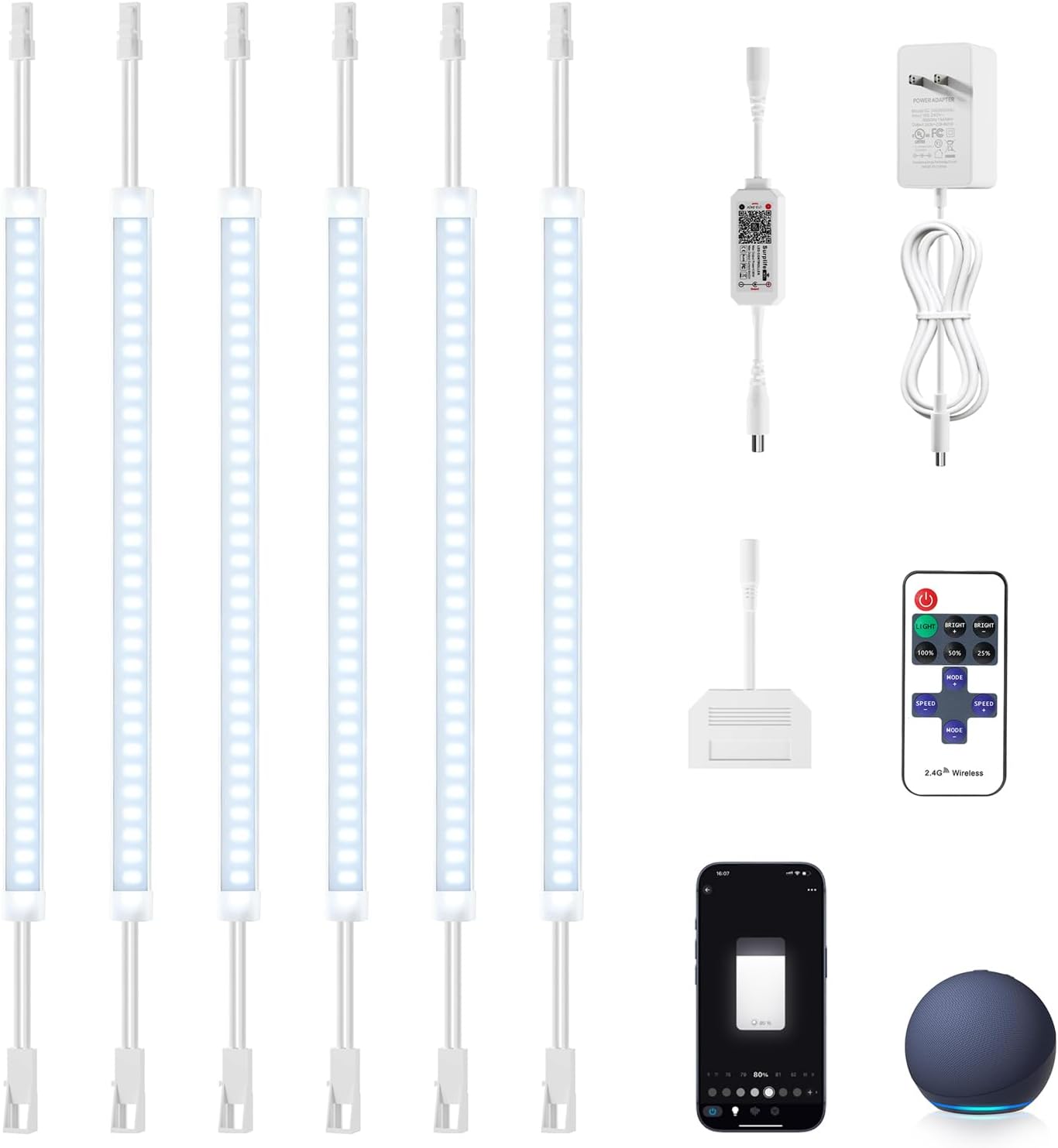 Silicone Under Cabinet Lighting Kit, 12 Inch Linkable LED Strip Lights Work with Alexa, Dimmable, Remote Control, Smart App, 6 Pack White Light for Closet, Shelf, Workbench, Desk (Cool White)