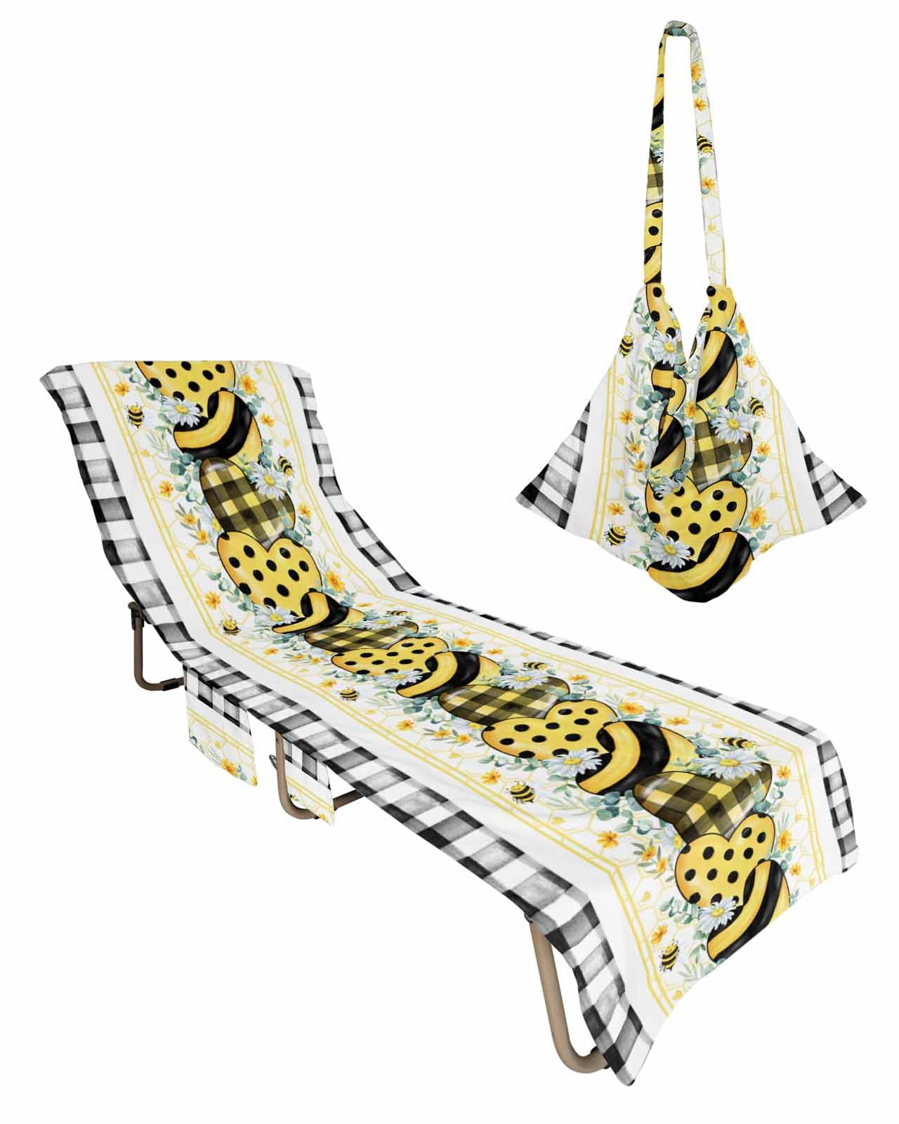 Black Plaid Bee Beach Lounge Chair Towel Cover, Soft Chaise Lounge Towel with Side Pockets Patio Pool Chairs Cover for Beach/Pool Sunbathing 29x85 Love Green Eucalyptus Yellow Daisy Floral