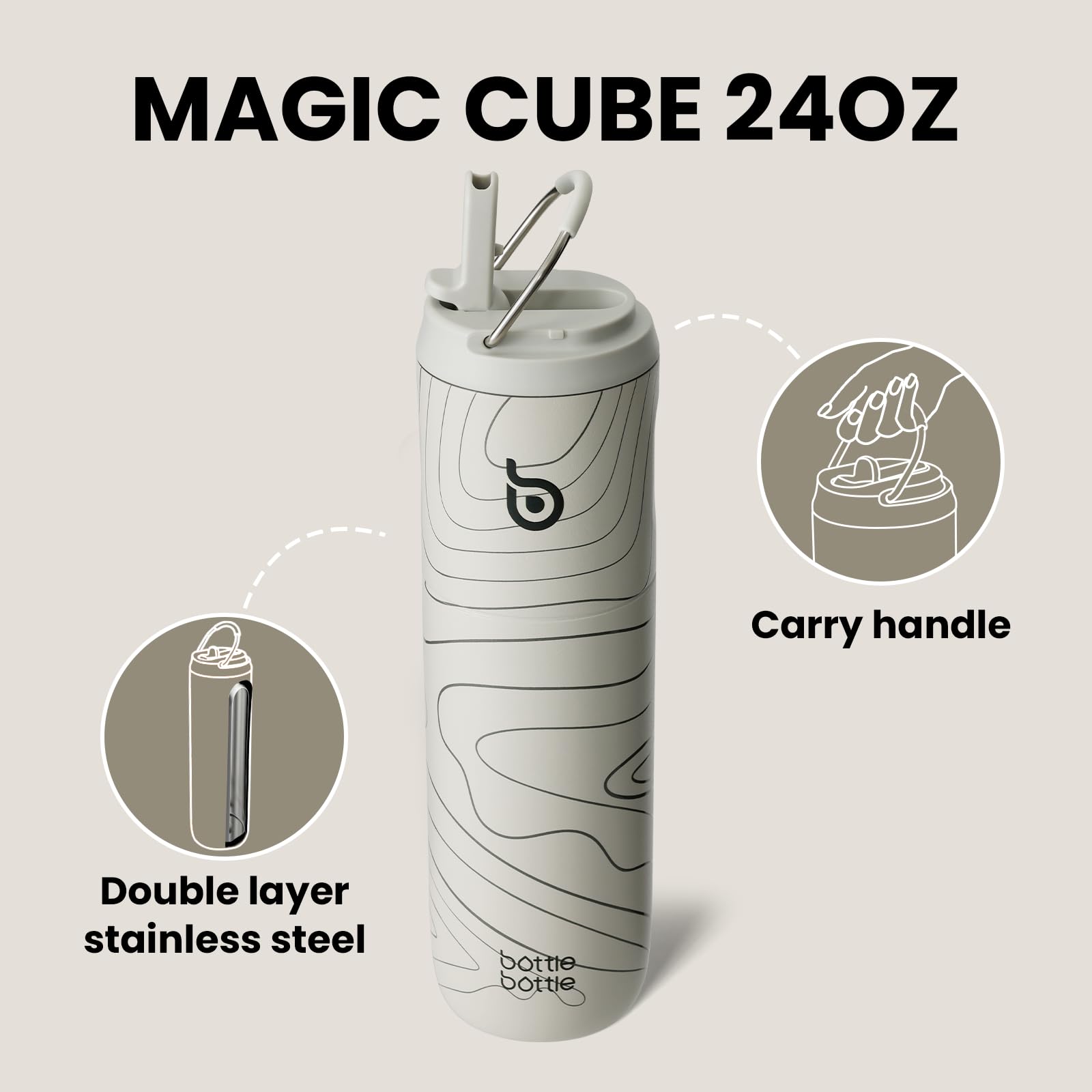 Bottle Bottle Borraccia termica da 710 ml, con coperchio, cannuccia e manico, in acciaio inox, a doppia parete sottovuoto, a prova di perdite, senza BPA, per sport, viaggi, palestra, grigio scuro